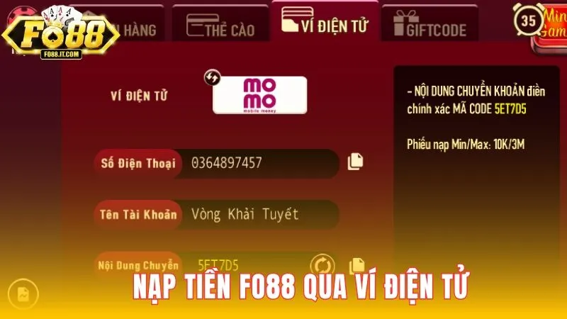 Nạp tiền FO88 qua ví điện tử